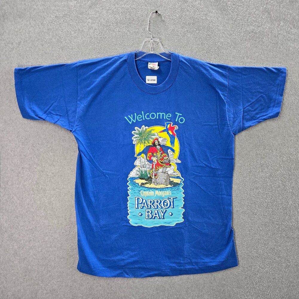VINTAGE Captain Morgan Men Shirt XL Blue 90s‎ Single Stitch Parrot Bay Tee